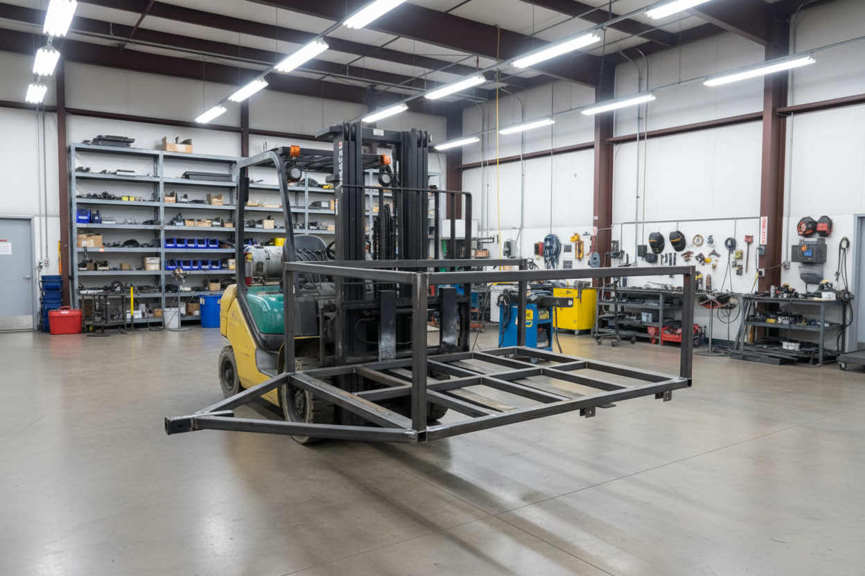 Forklift with Trailer Frame in Shop